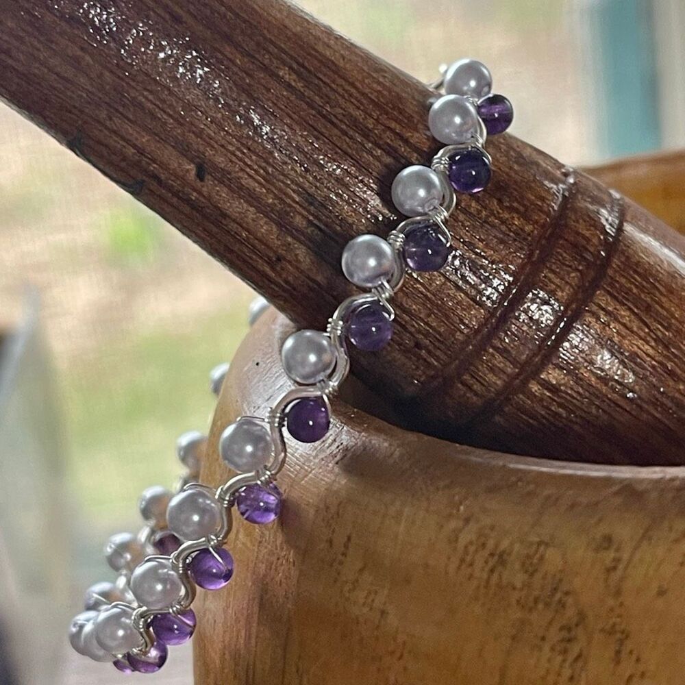 Rebekah bangle bracelet 7” silver copper core lavender purple shell beads pearls